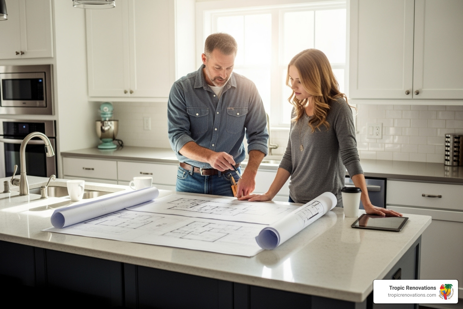 Contractor and homeowner reviewing blueprints in a kitchen - do i need a permit to remodel my kitchen
