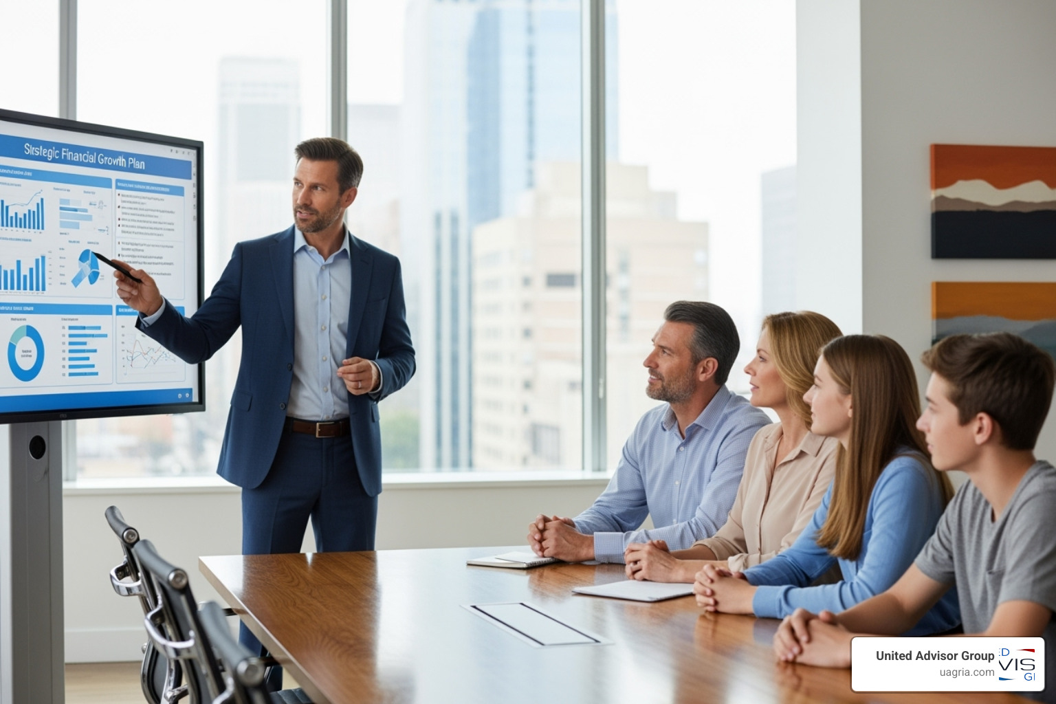 Image of an advisor presenting a strategic plan to a family - Family office financial planning