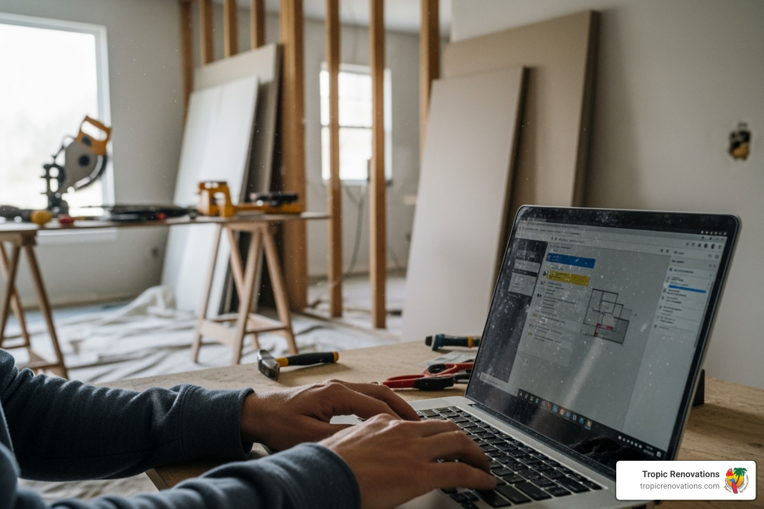person typing an email on a laptop with a home renovation in the background - how to request a contractor home remodel quote