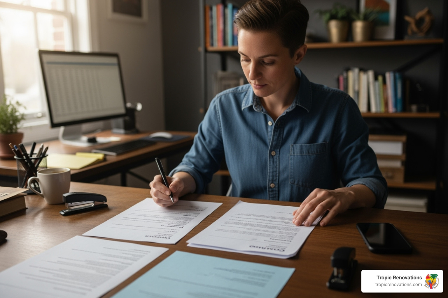 person comparing three different quote documents at a desk - how to request a contractor home remodel quote