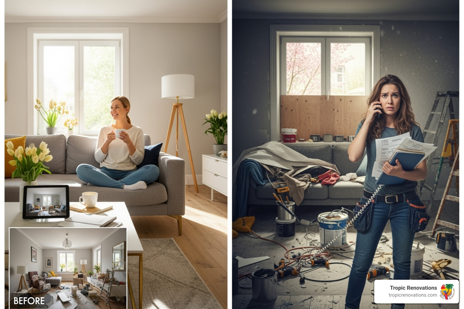 happy homeowner vs stressed homeowner - can you remodel your home without a general contractor