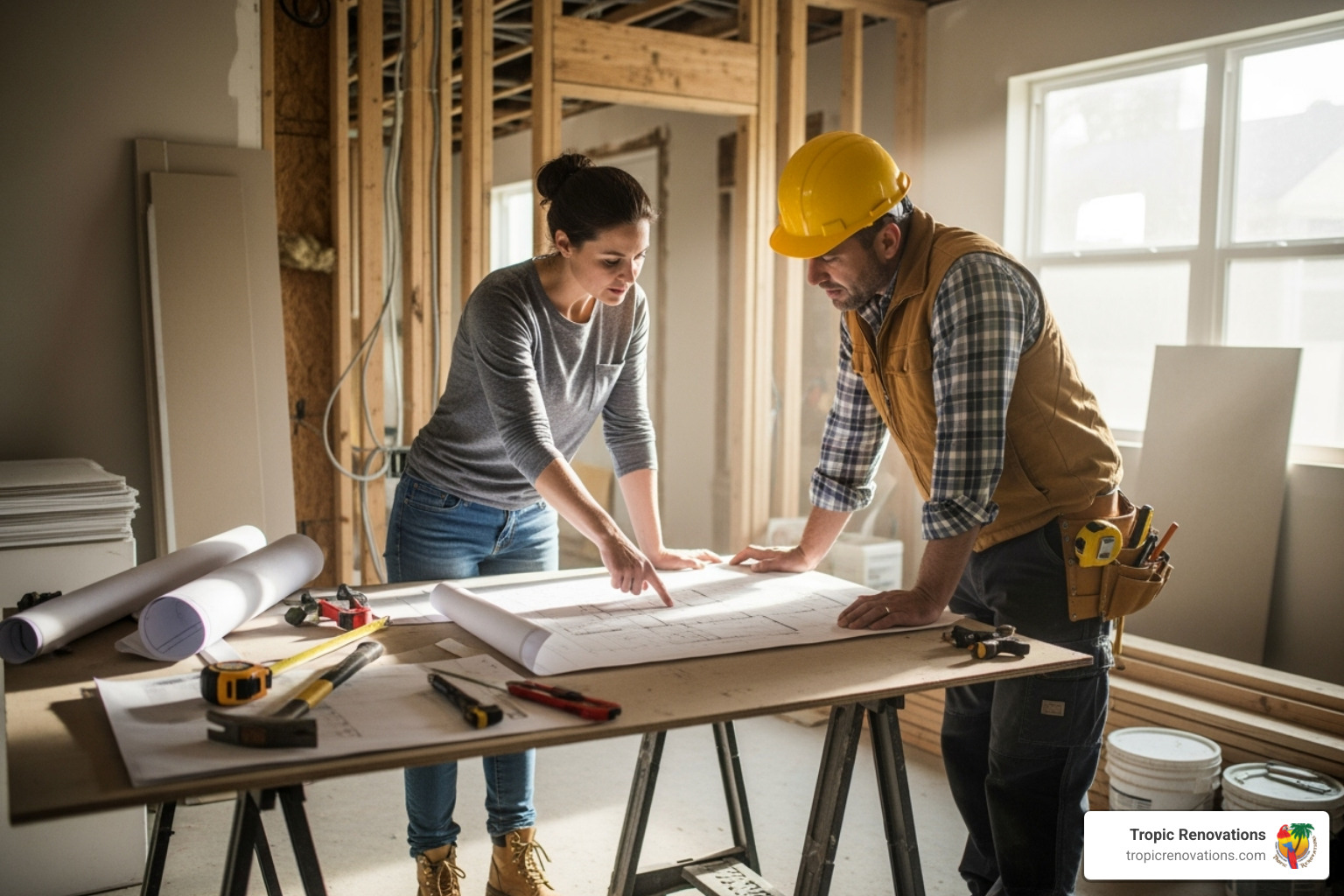 homeowner reviewing blueprints with a subcontractor - can you remodel your home without a general contractor