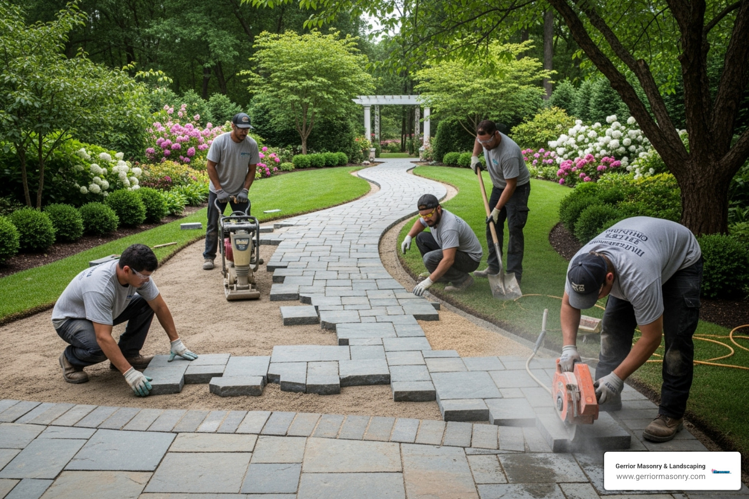 A professional hardscaping team installing a stone walkway - designing the landscape