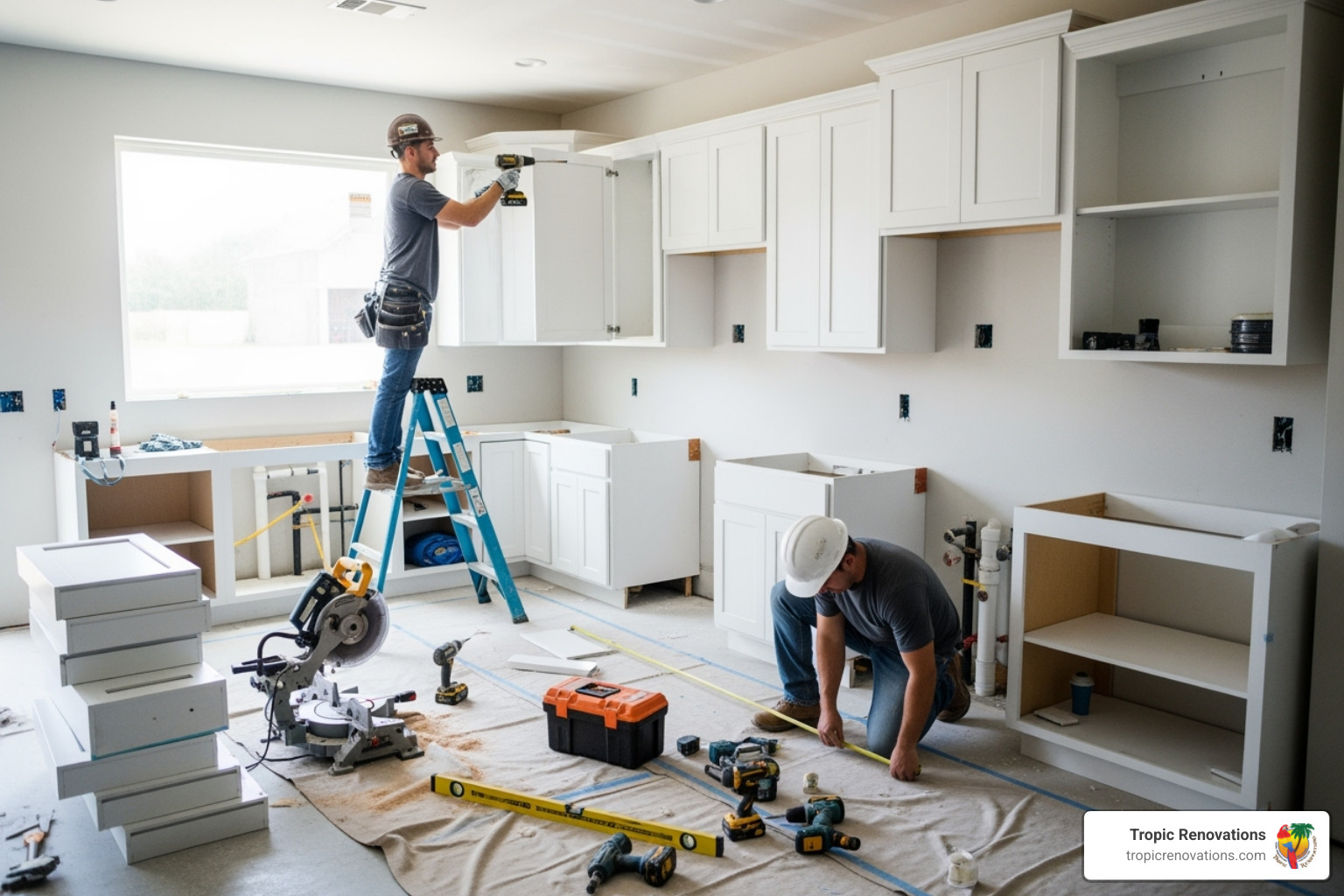 kitchen during cabinet installation - how to remodel a kitchen