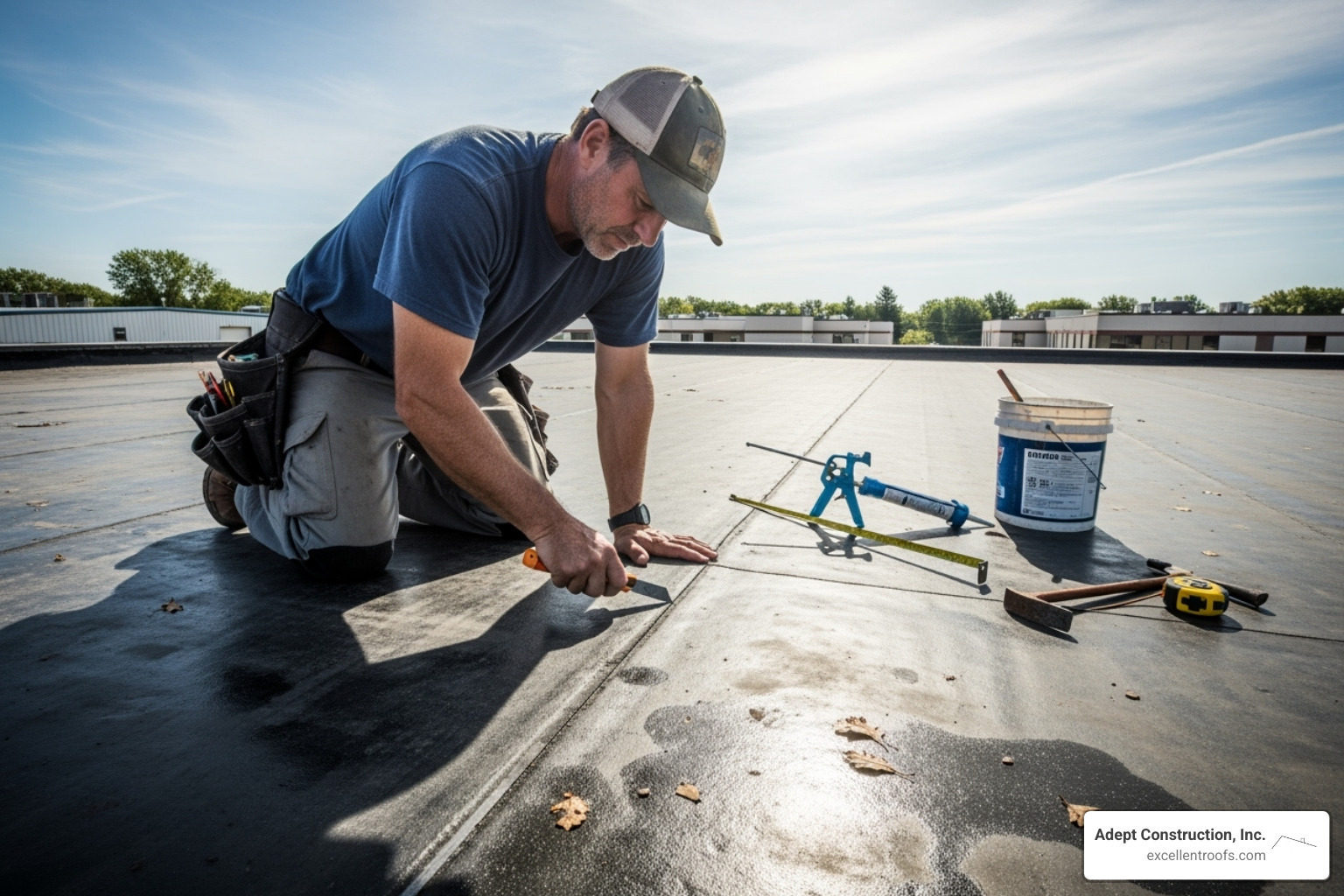 roofer inspecting a flat roof - flat roof repair in naperville