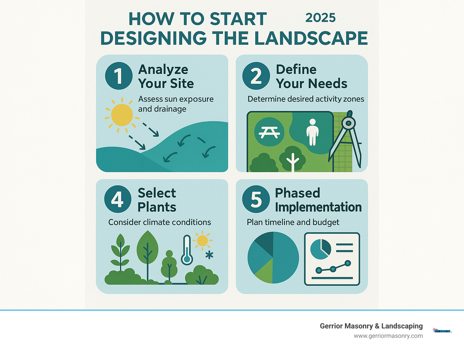 Comprehensive infographic showing the 5 essential steps of landscape design process: site analysis with sun and drainage patterns, needs assessment with activity zones, master planning with design principles, plant selection with climate considerations, and phased implementation with timeline and budget breakdown - designing the landscape infographic 