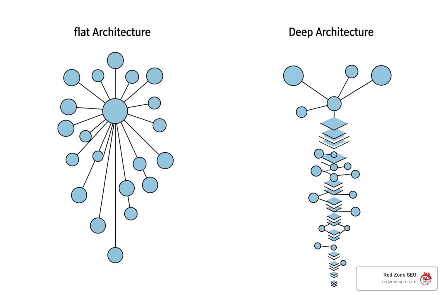 Diagram showing a flat site architecture where all pages are a few clicks from the homepage, contrasted with a deep site architecture where some pages are many clicks away - how to improve technical seo
