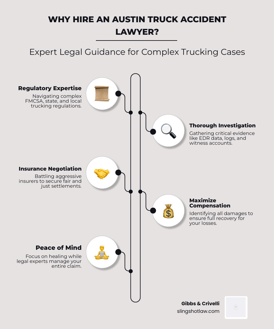 Infographic summarizing the benefits of hiring a specialized truck accident lawyer, including expertise in complex regulations, handling insurance companies, maximizing compensation, and providing peace of mind - austin truck accident lawyer infographic infographic-line-5-steps-neat_beige
