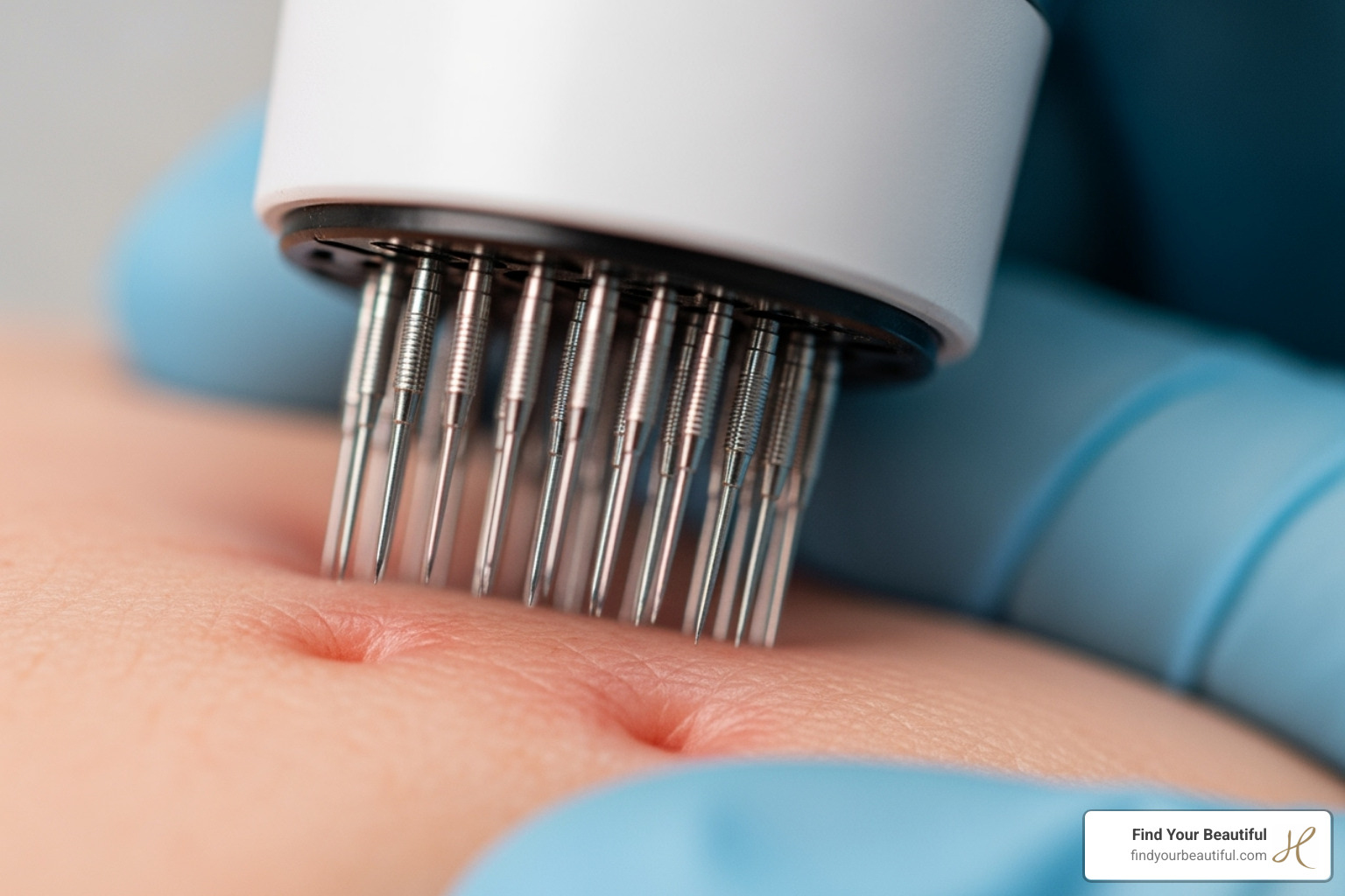 A close-up image of a microneedling device with fine needles gently touching the skin - skin lightening treatment