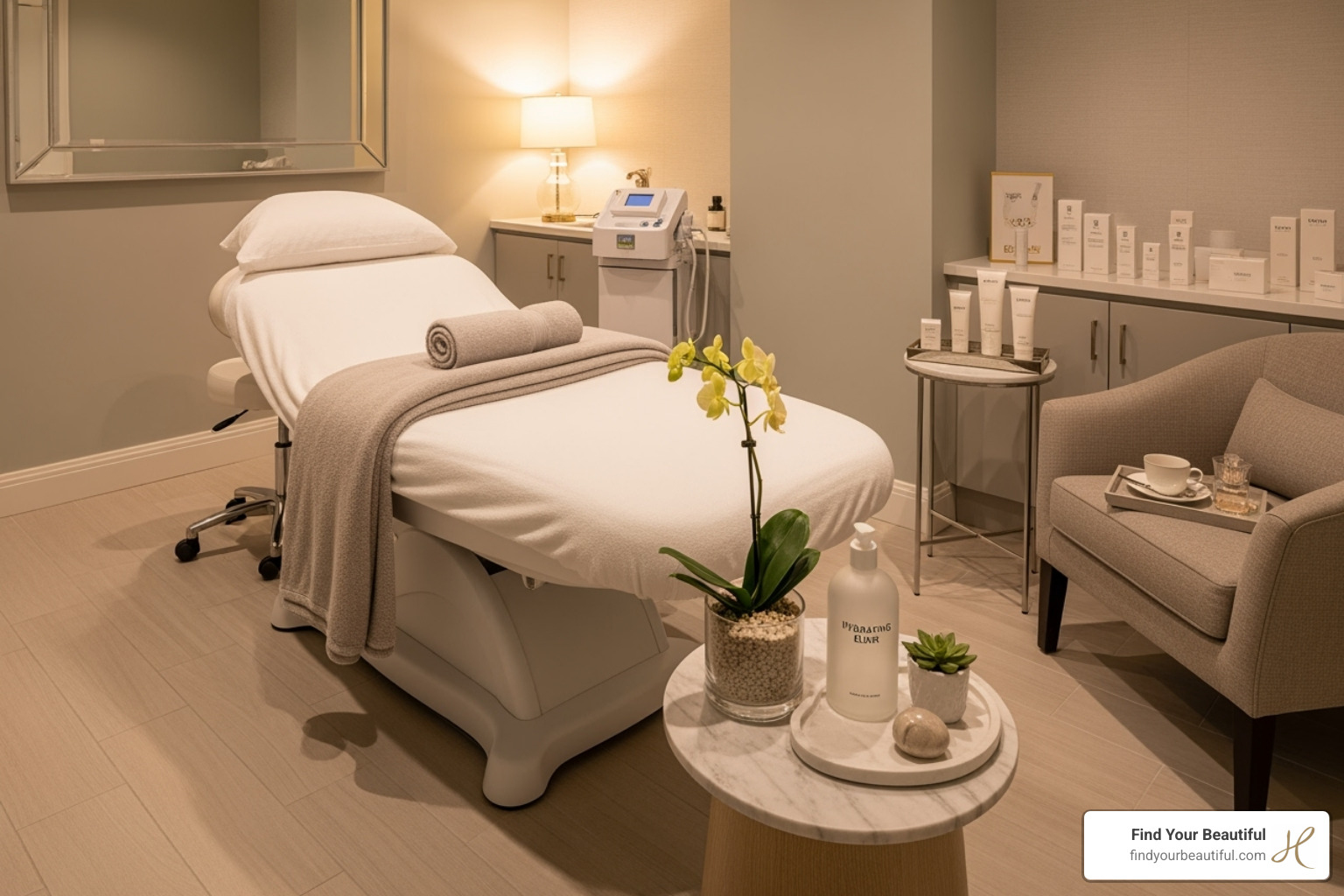 A serene and luxurious med spa treatment room, ready for a client - skin lightening treatment