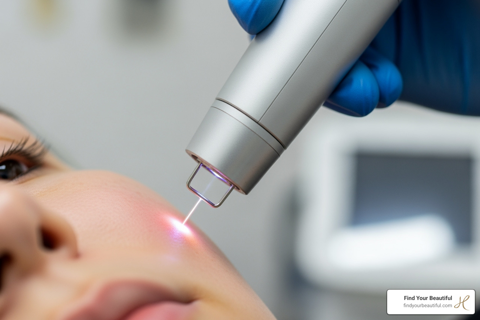 A close-up image of a laser skin treatment being performed on a person's cheek, showing the precise light beam hitting the skin - skin lightening treatment