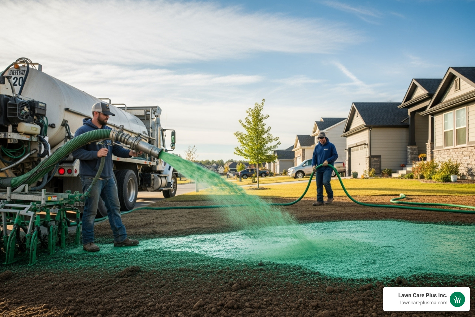 A professional hydroseeding team applying slurry to a residential yard - Lawn Hydroseeding Company