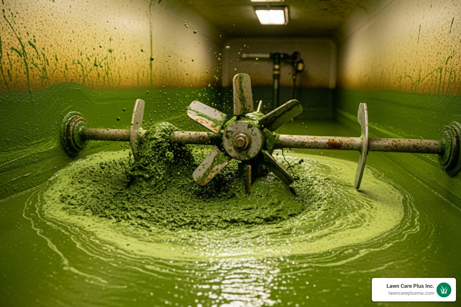 Inside of a hydroseeder tank showing the green slurry being mixed - Lawn Hydroseeding Company