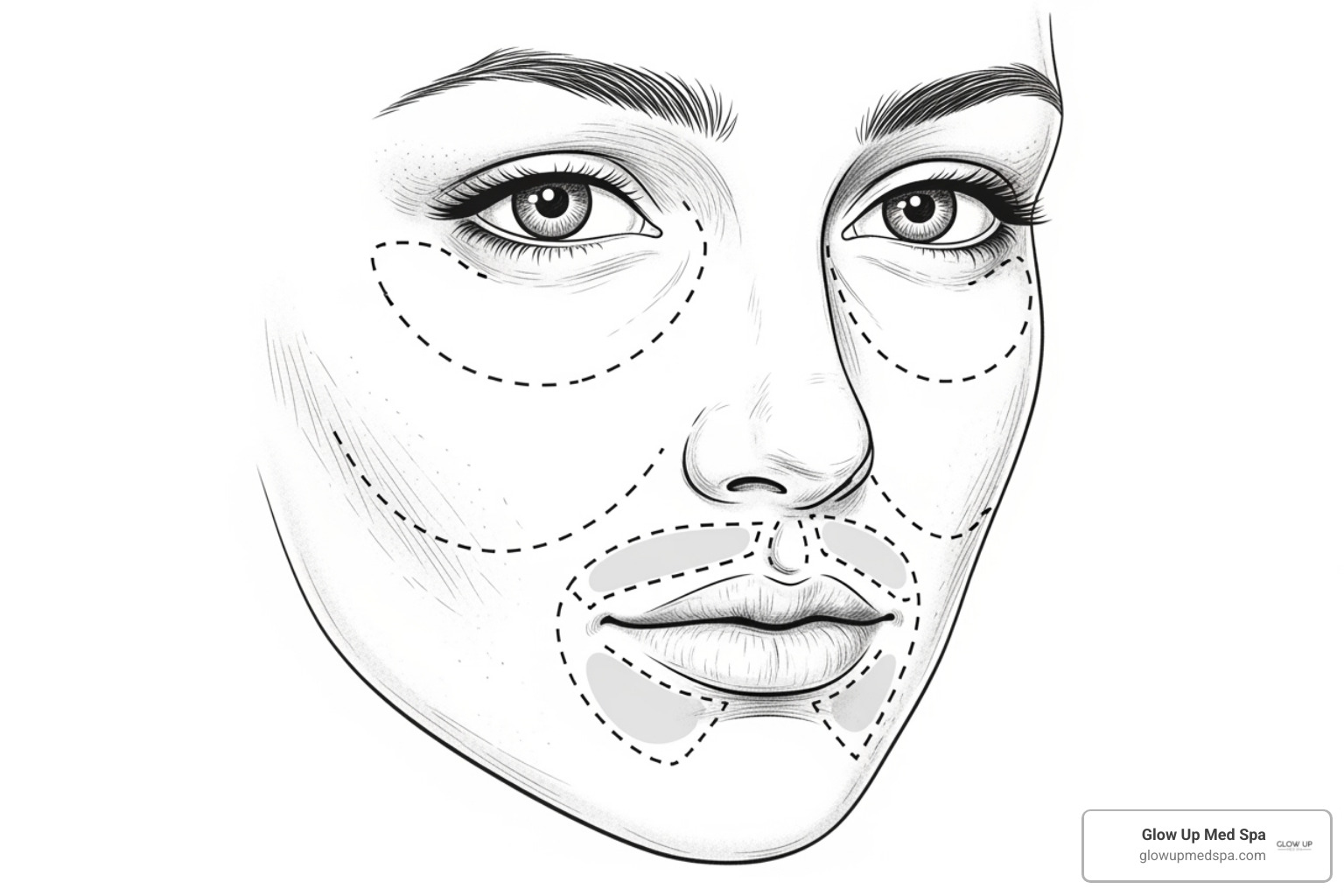 A facial chart showing common treatment areas for fillers like cheeks, lips, and nasolabial folds.