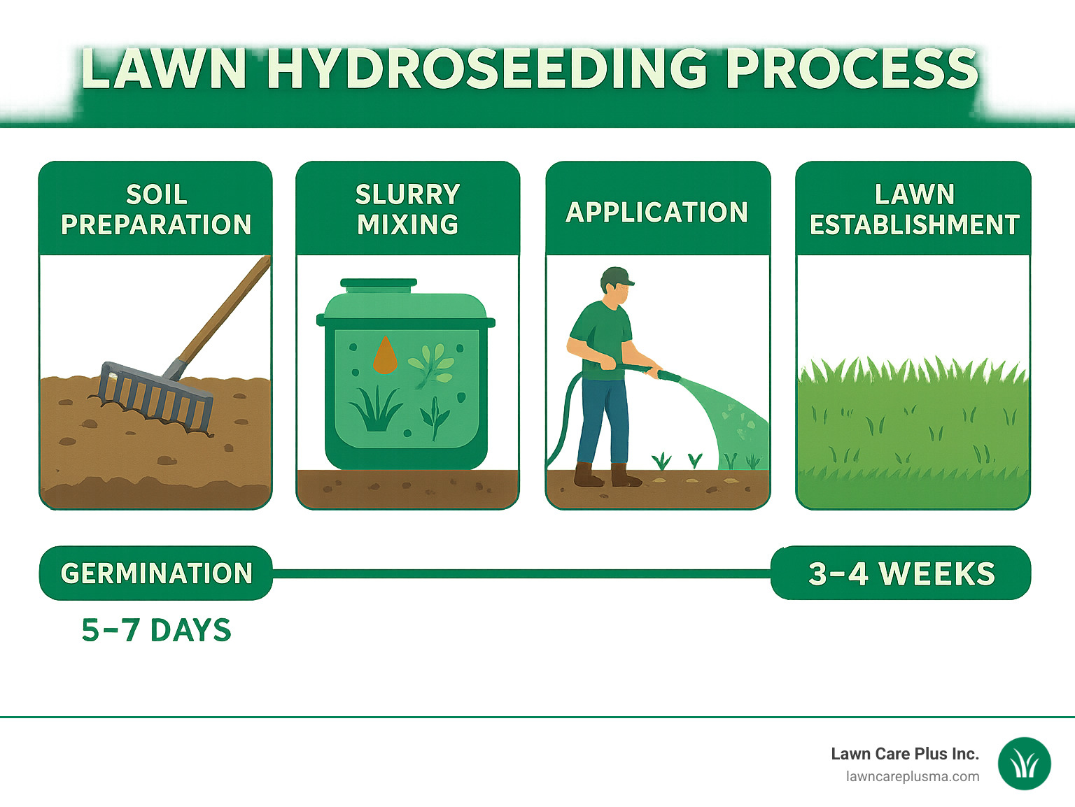 Infographic showing the complete hydroseeding process from initial soil preparation through slurry mixing and application to final lawn establishment, including timeline markers for germination at 5-7 days and full maturity at 3-4 weeks - Lawn Hydroseeding Company infographic 