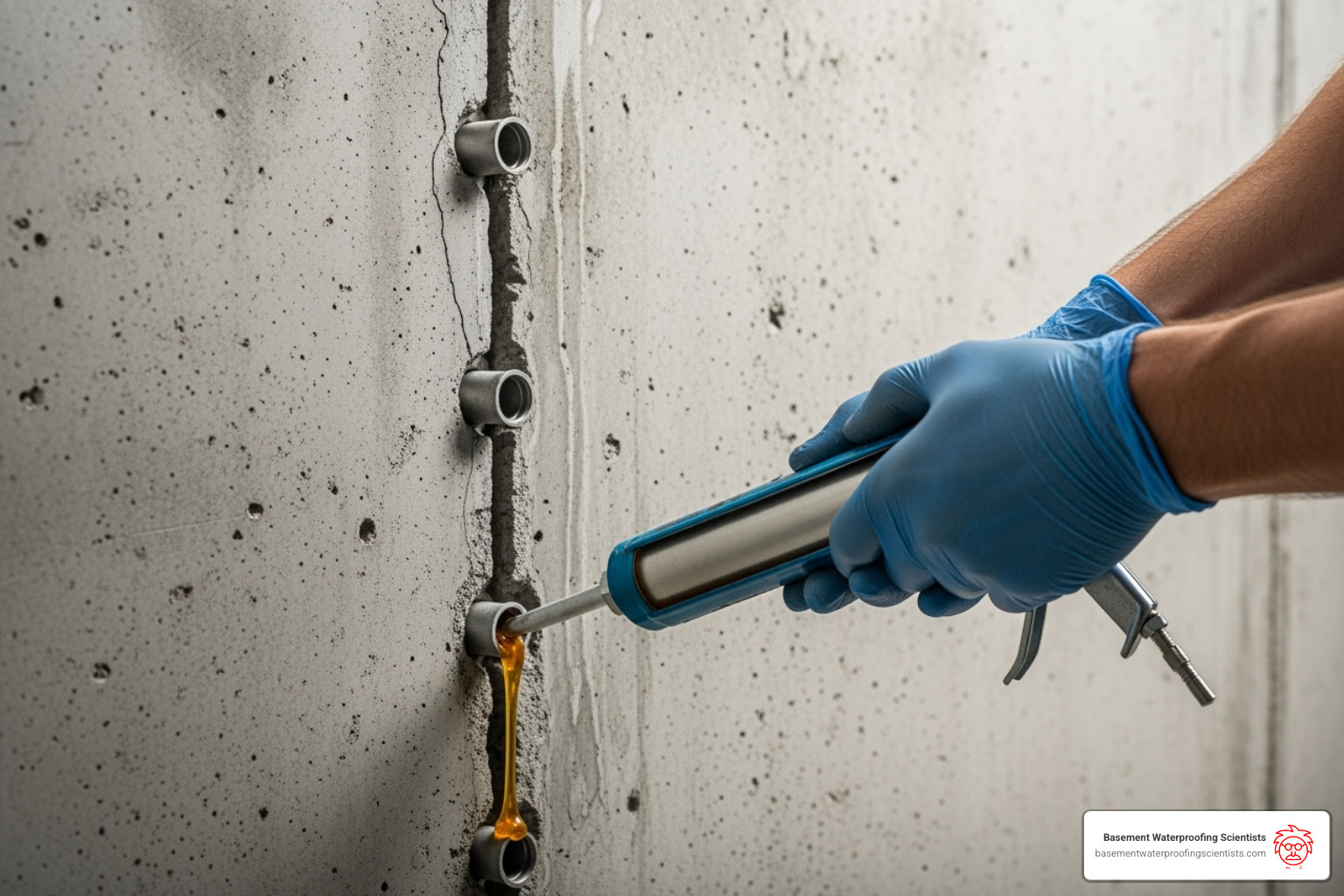 the epoxy injection process with ports attached to a crack - small foundation crack repair