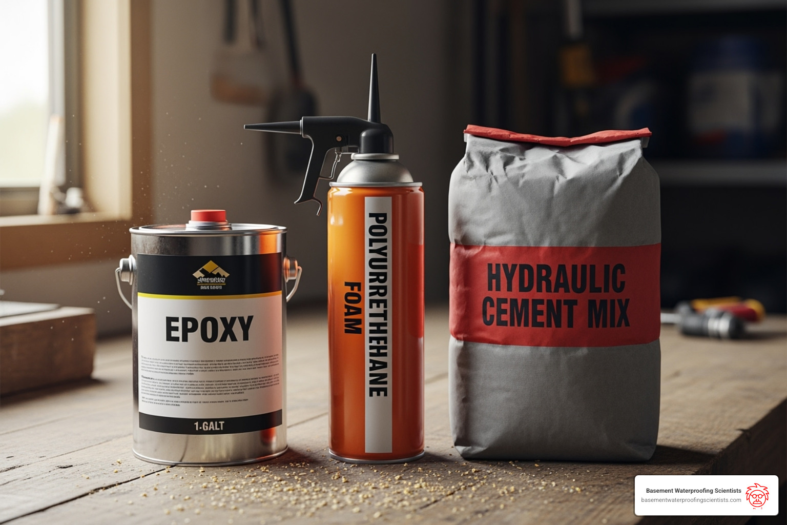 containers of epoxy, polyurethane foam, and hydraulic cement mix - small foundation crack repair