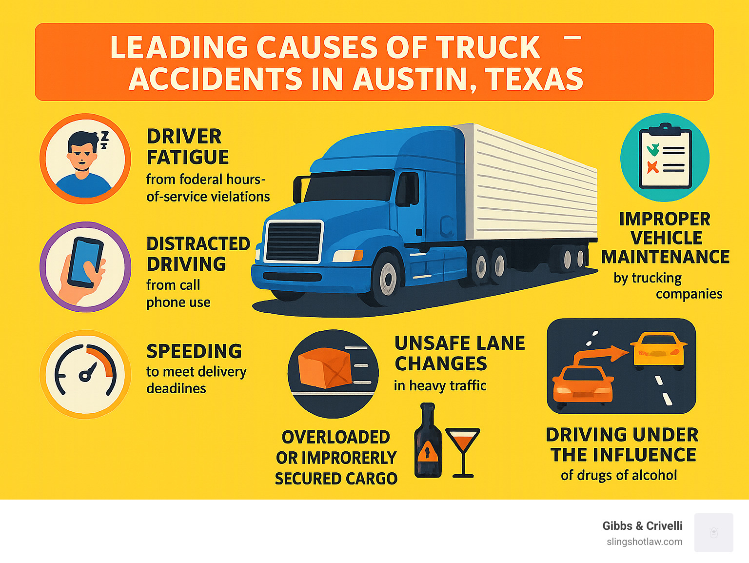 Infographic showing the leading causes of truck accidents in Austin Texas including driver fatigue from federal hours of service violations, distracted driving from cell phone use, speeding to meet delivery deadlines, improper vehicle maintenance by trucking companies, overloaded or improperly secured cargo, unsafe lane changes in heavy traffic, and driving under the influence of drugs or alcohol - austin truck accident lawyer infographic 