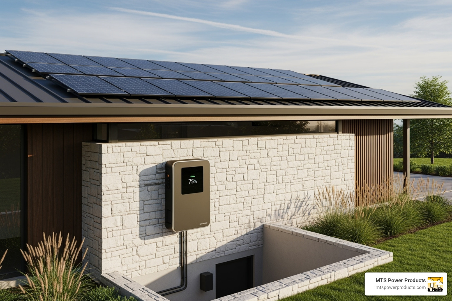 modern home with rooftop solar panels and a wall-mounted battery unit - backup power solutions