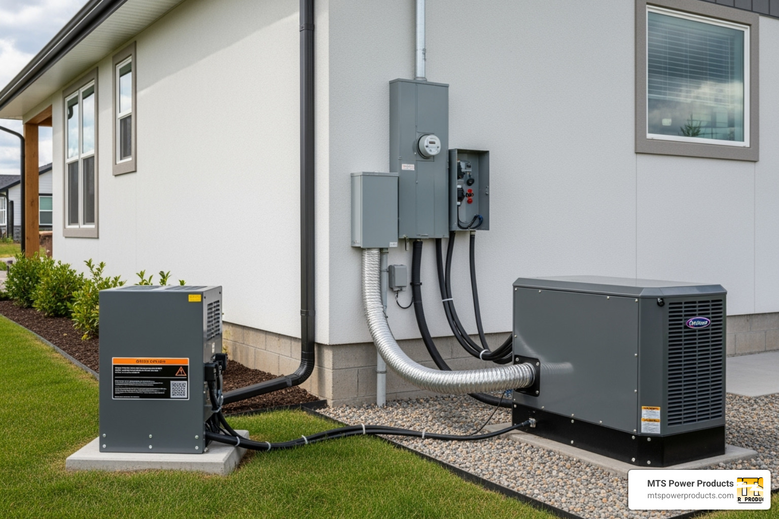 professionally installed standby generator connected to a home's electrical panel via an automatic transfer switch - backup power solutions