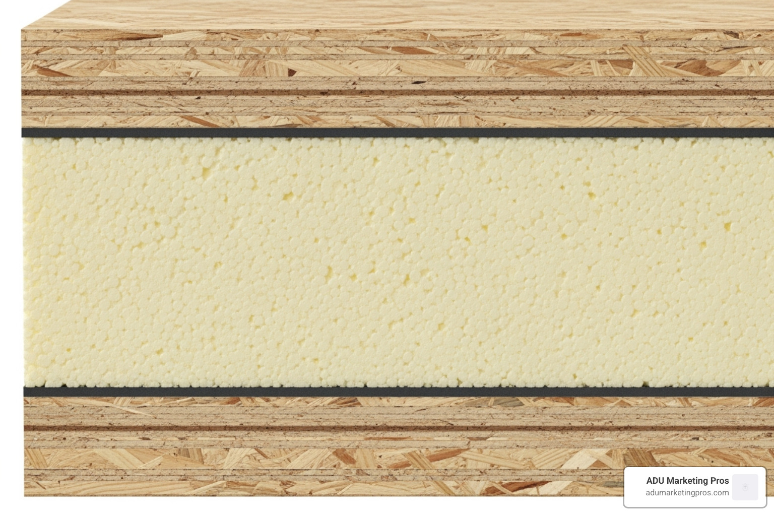 A detailed cross-section of a Structural Insulated Panel (SIP), showing the foam core and OSB sheathing for insulation and structural integrity - quick build granny flats
