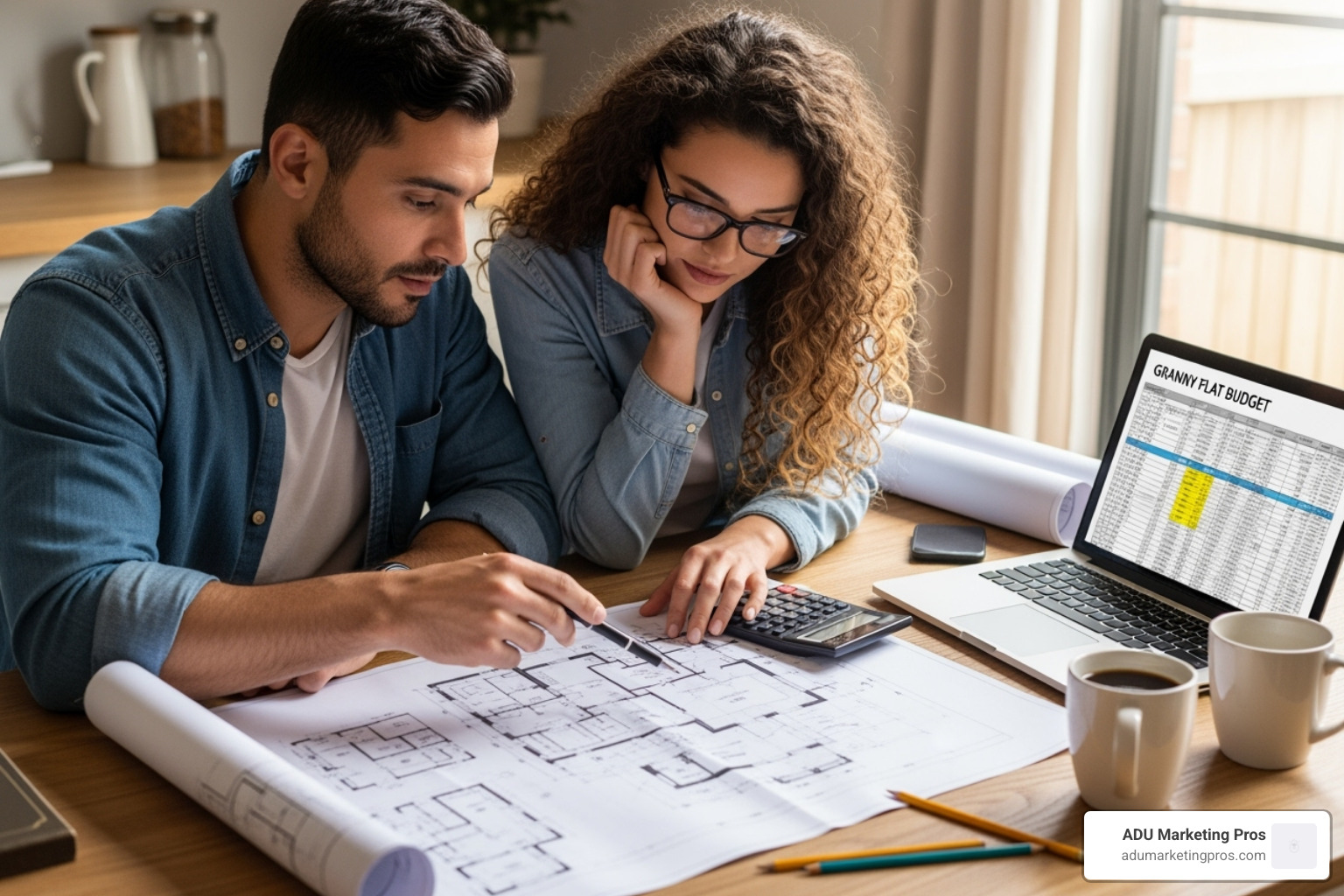 A couple reviewing blueprints and a budget spreadsheet for their granny flat project, emphasizing financial planning - quick build granny flats