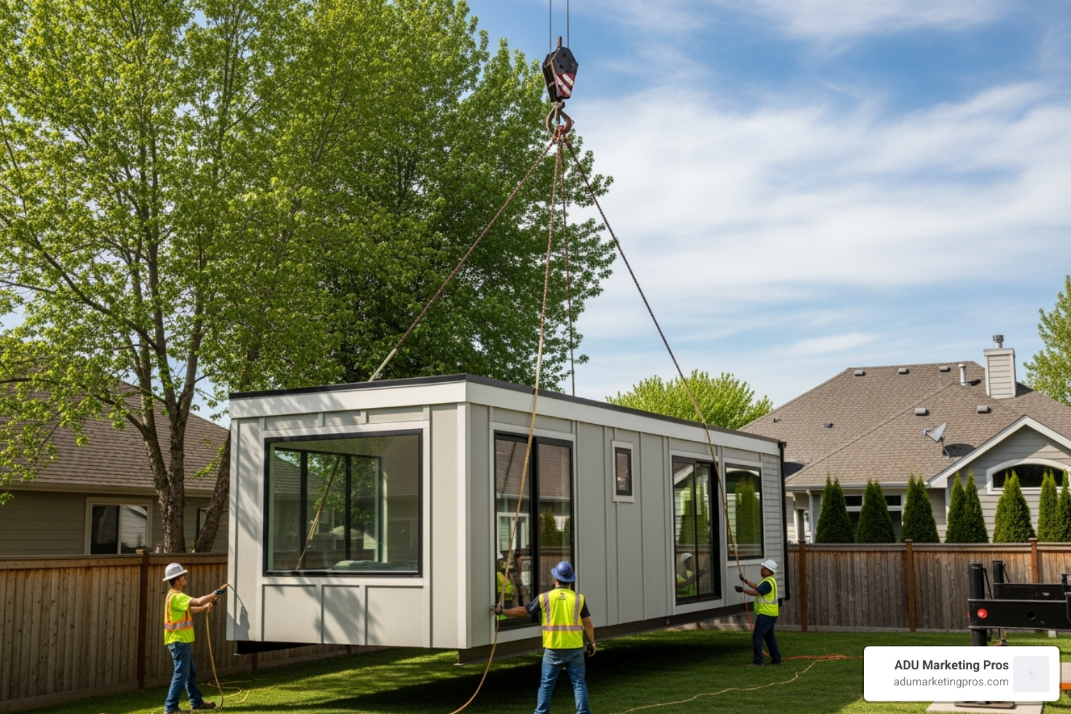 A prefabricated granny flat module being carefully craned into place in a residential backyard, showcasing rapid installation - quick build granny flats