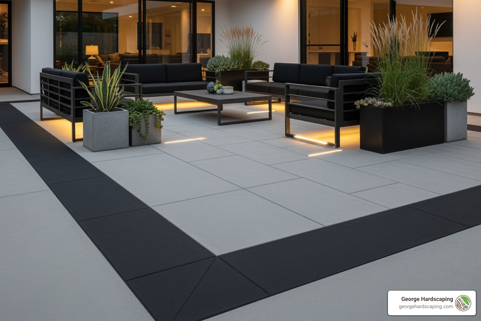 A modern concrete patio with a minimalist design, highlighted by a wide, smooth-finished concrete border in a contrasting charcoal color. - patio border ideas