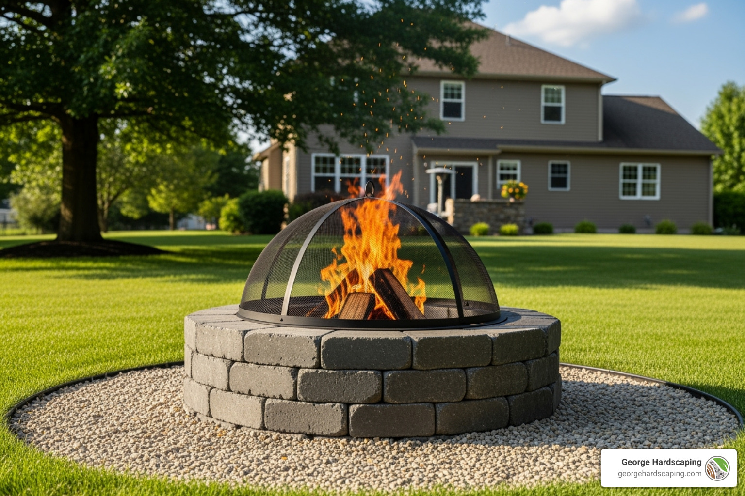 Finished outdoor fire pit with spark screen placed safely on a stone patio, 15 ft from the nearest structure