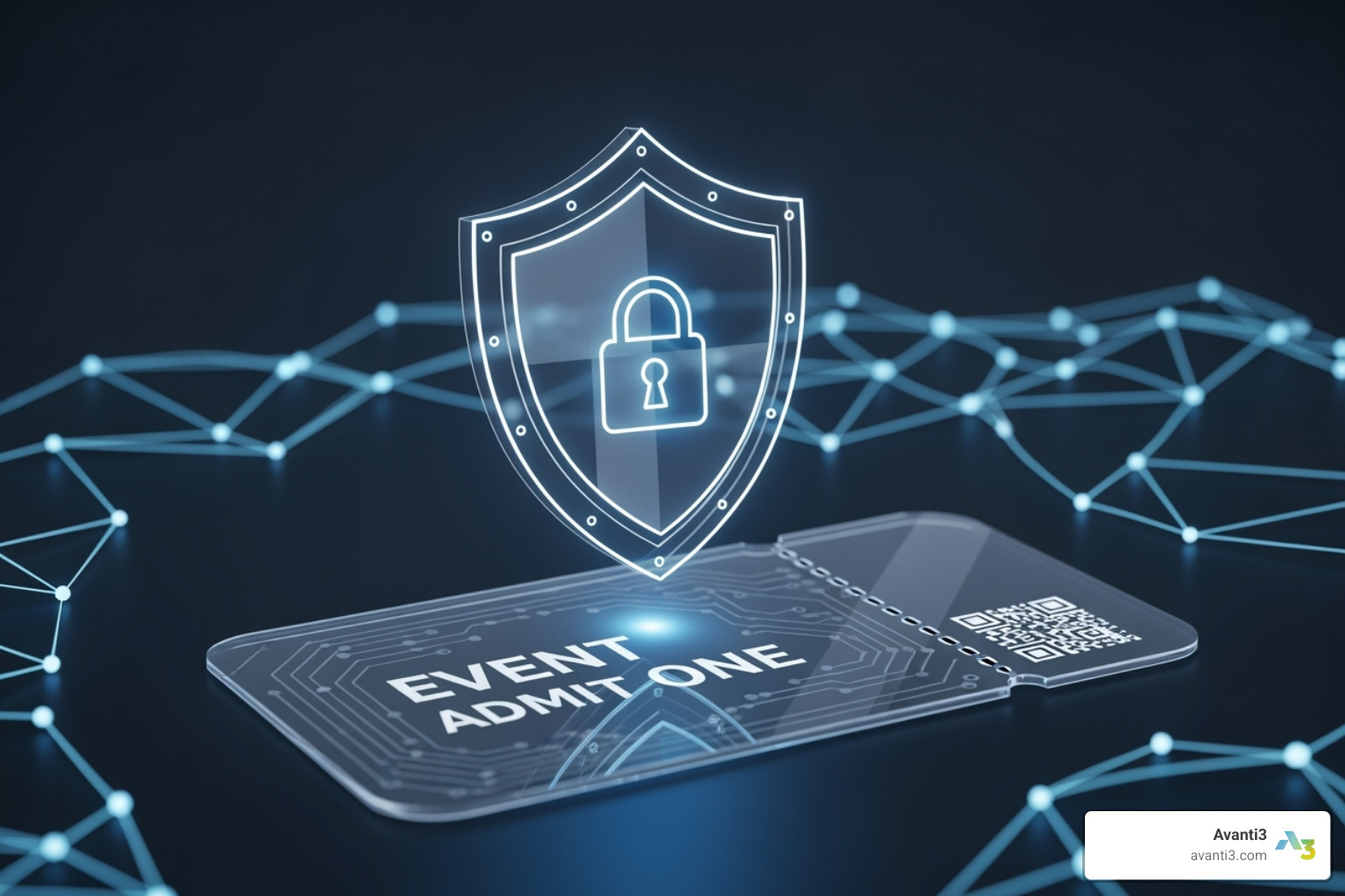 digital shield icon over a ticket, symbolizing blockchain security - NFT ticketing platforms