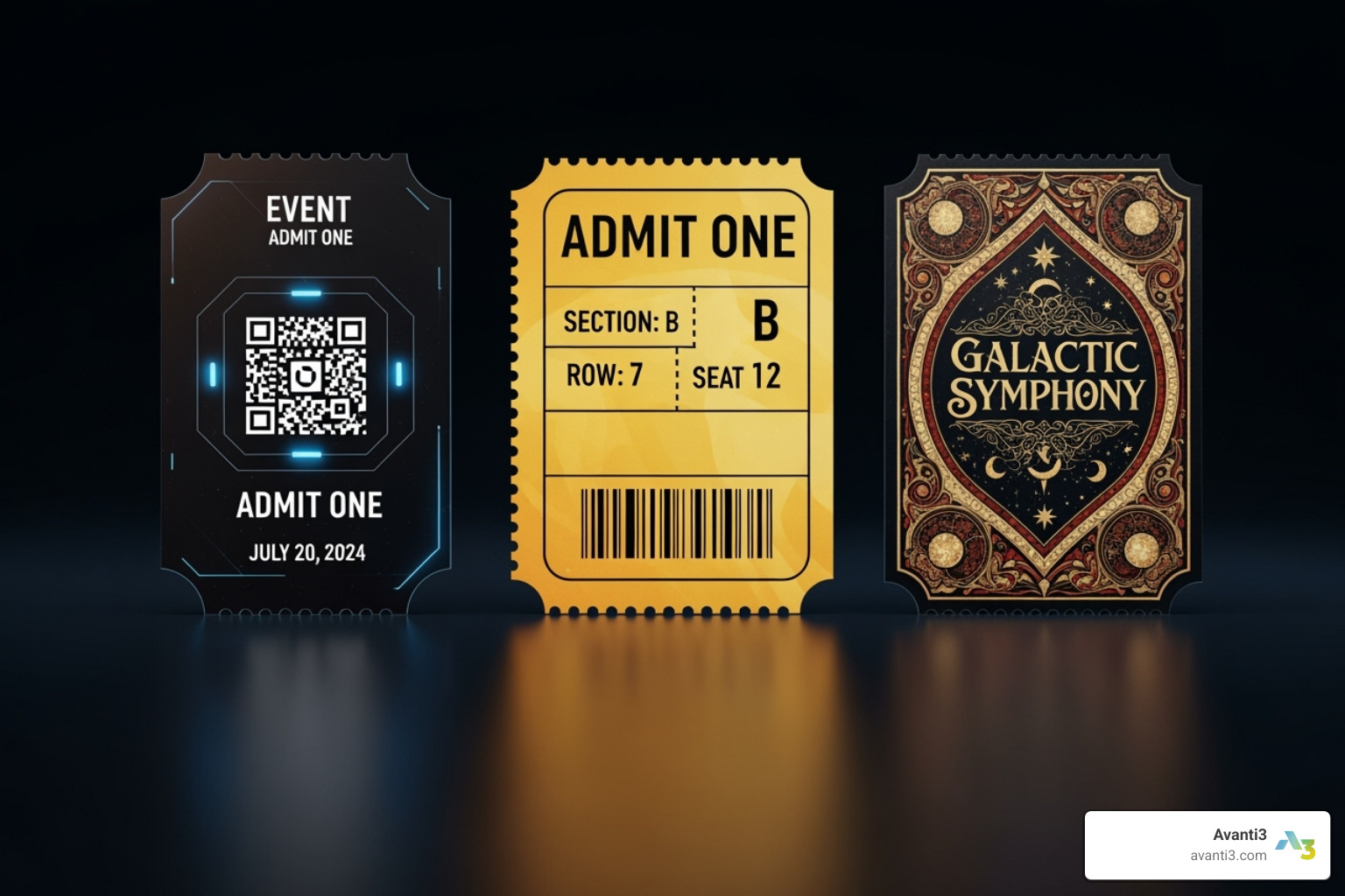 side-by-side comparison of a Standalone, Digital Twin, and Commemorative NFT ticket - NFT ticketing platforms