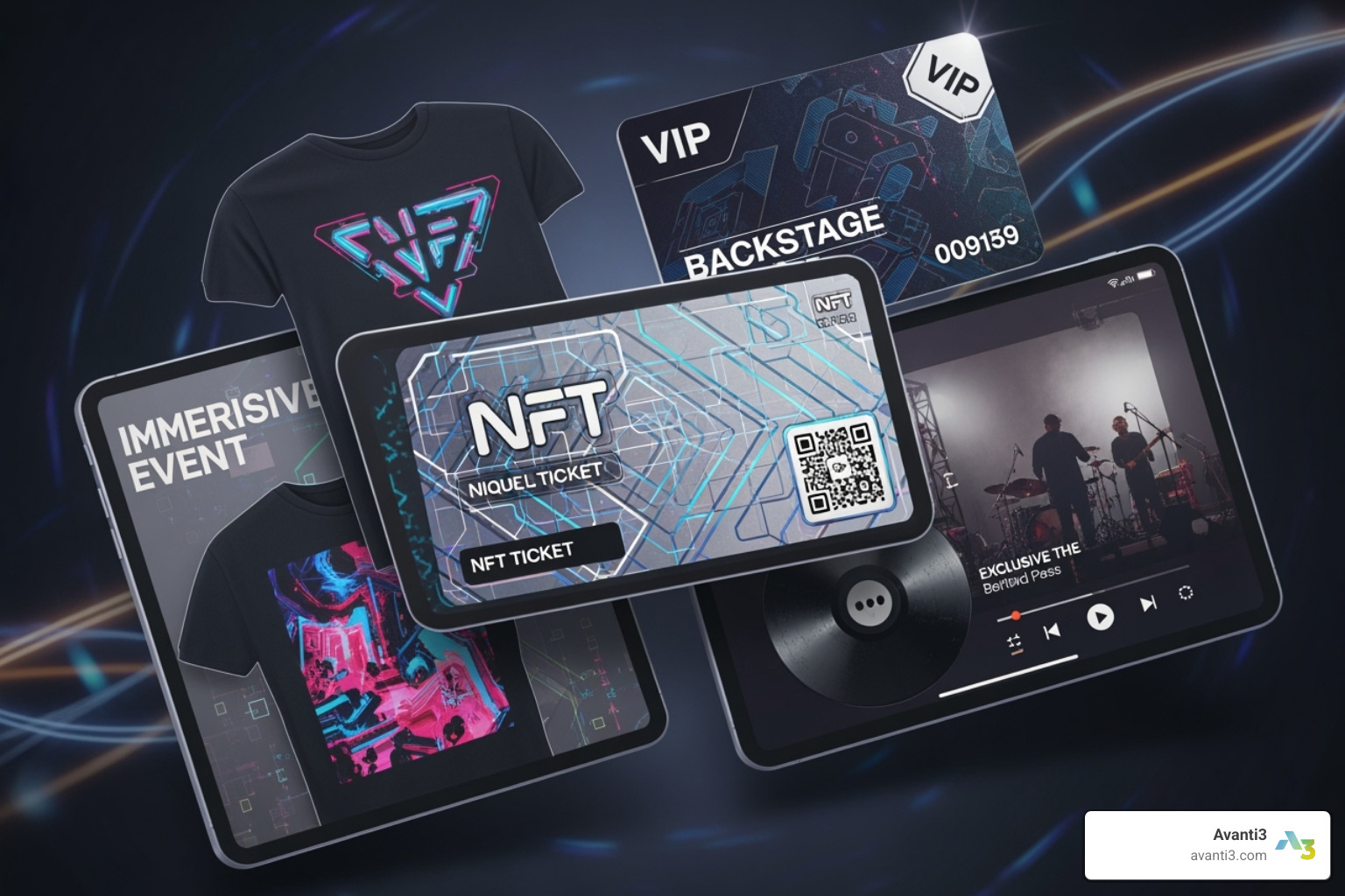 collage showing NFT tickets open uping exclusive merchandise, backstage passes, and digital content - NFT ticketing platforms