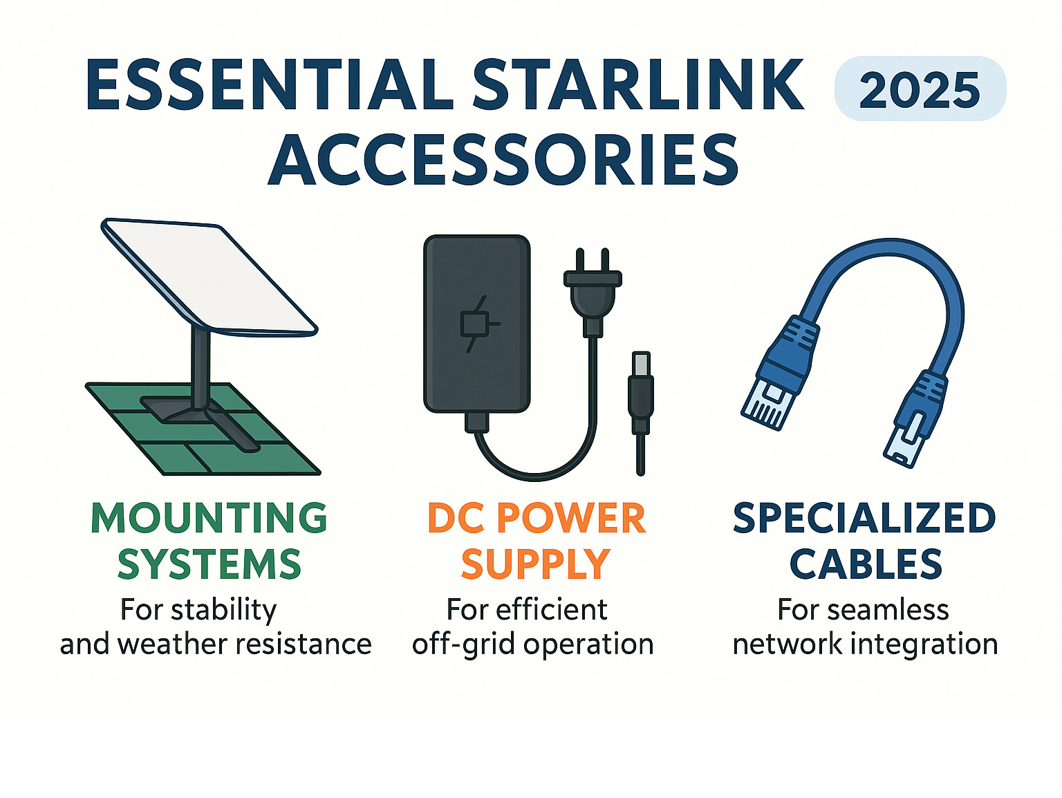 Comprehensive breakdown of essential Starlink accessories including mounting systems for stability and weather resistance, DC power supplies for efficient off-grid operation, and specialised cables for seamless network integration - Starlink accessories shop infographic 