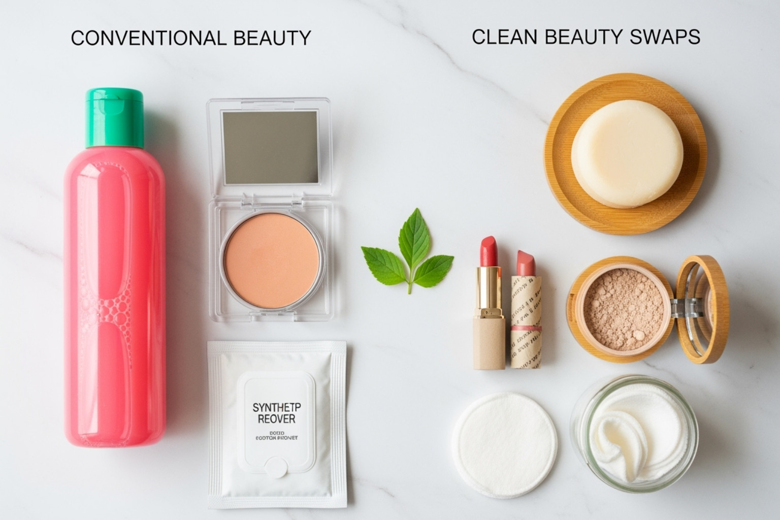 A bathroom shelf showing a conventional product being replaced by a Beyond Beauty Lab clean alternative - clean beauty swaps