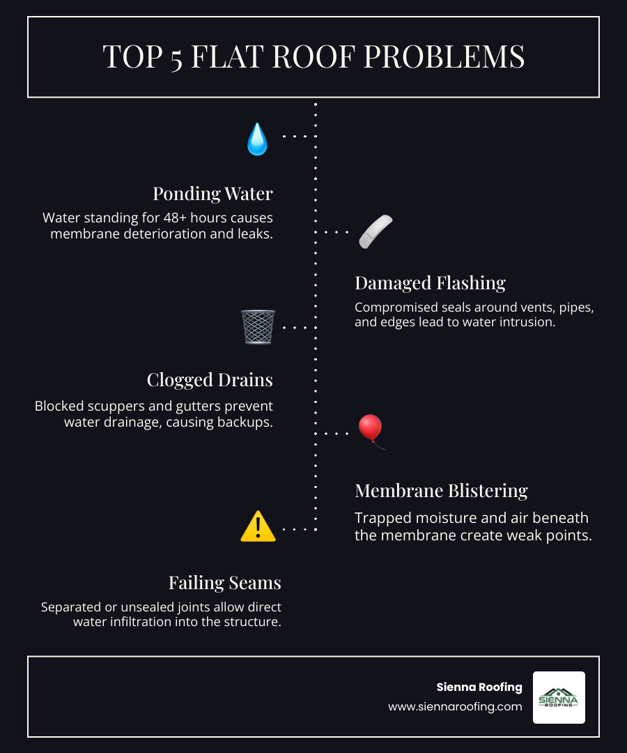 Infographic showing the 5 most common flat roof problems: ponding water causing membrane deterioration, damaged flashing around penetrations, clogged drains leading to water backup, membrane blistering from trapped moisture, and failing seams allowing water infiltration - Residential flat roof inspection infographic infographic-line-5-steps-dark