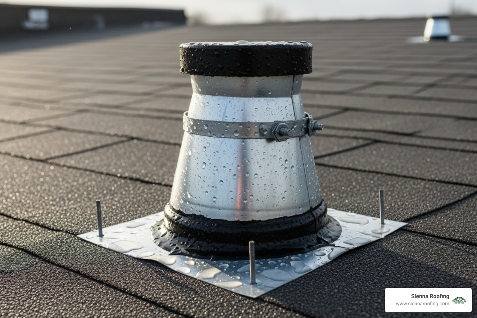 close-up on roof flashing around a vent pipe - Residential flat roof inspection