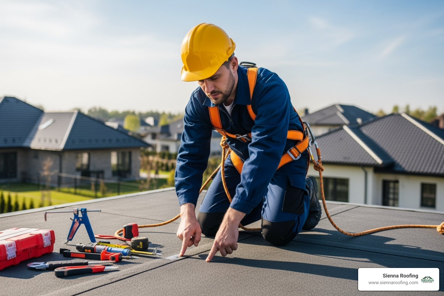 roofer safely inspecting a flat roof - Residential flat roof inspection