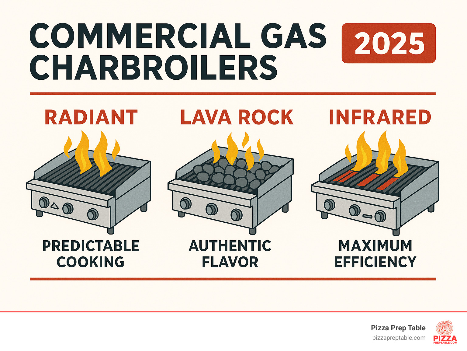 Infographic showing three types of commercial gas charbroilers: Radiant type with angled metal heat deflectors, Lava Rock type with ceramic briquettes over burners, and Infrared type with high-efficiency ceramic elements, each labeled with key benefits like predictable cooking, authentic flavor, and maximum efficiency - commercial gas charbroiler infographic 