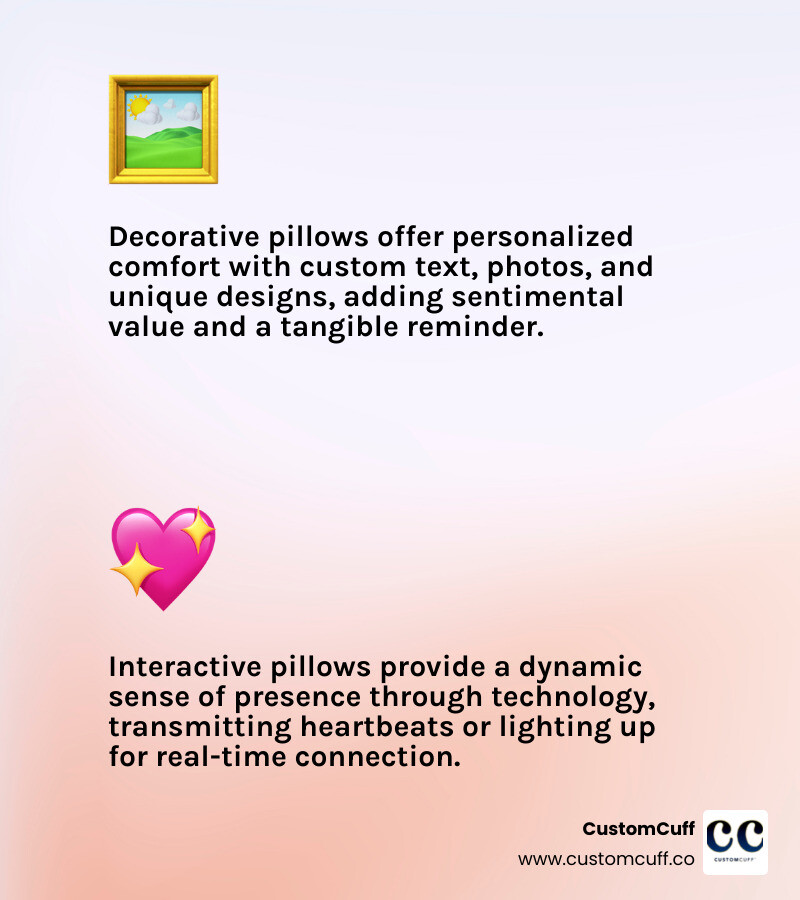 Infographic showing comparison between decorative pillows with custom text and photos versus interactive pillows with heartbeat technology and lighting features - couple pillow long distance infographic 2_facts_emoji_light-gradient Infographic showing comparison between decorative pillows with custom text and photos versus interactive pillows with heartbeat technology and lighting features - couple pillow long distance infographic 2_facts_emoji_light-gradient