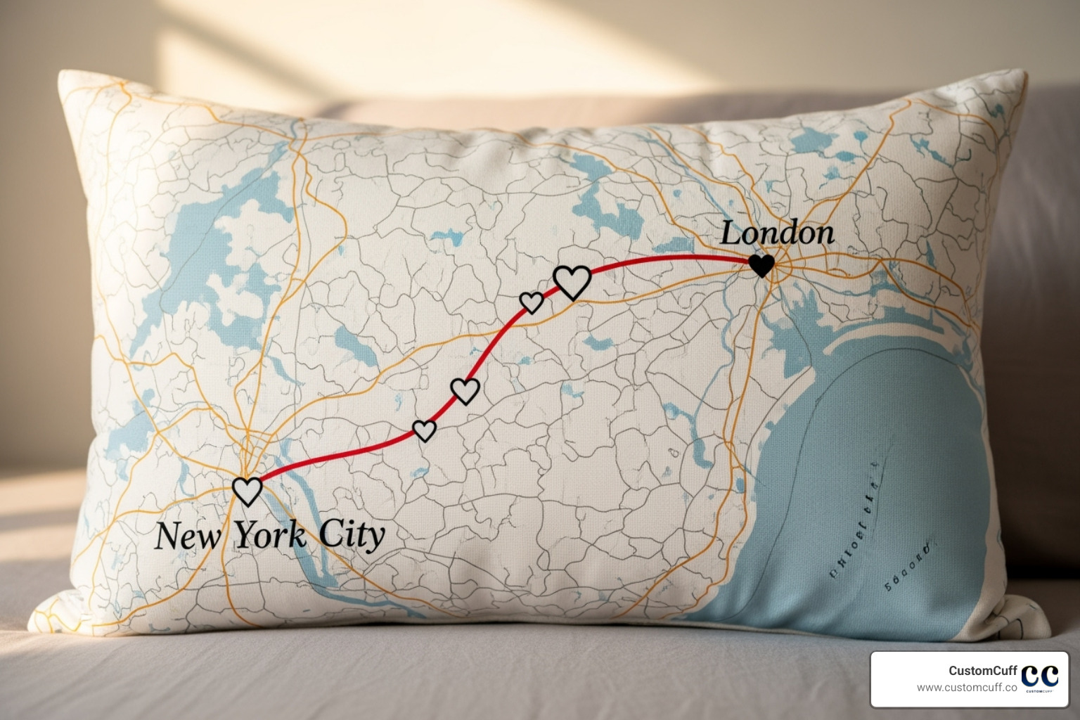 Custom long distance pillow with map design connecting two cities, with hearts and personalized text - couple pillow long distance Custom long distance pillow with map design connecting two cities, with hearts and personalized text - couple pillow long distance