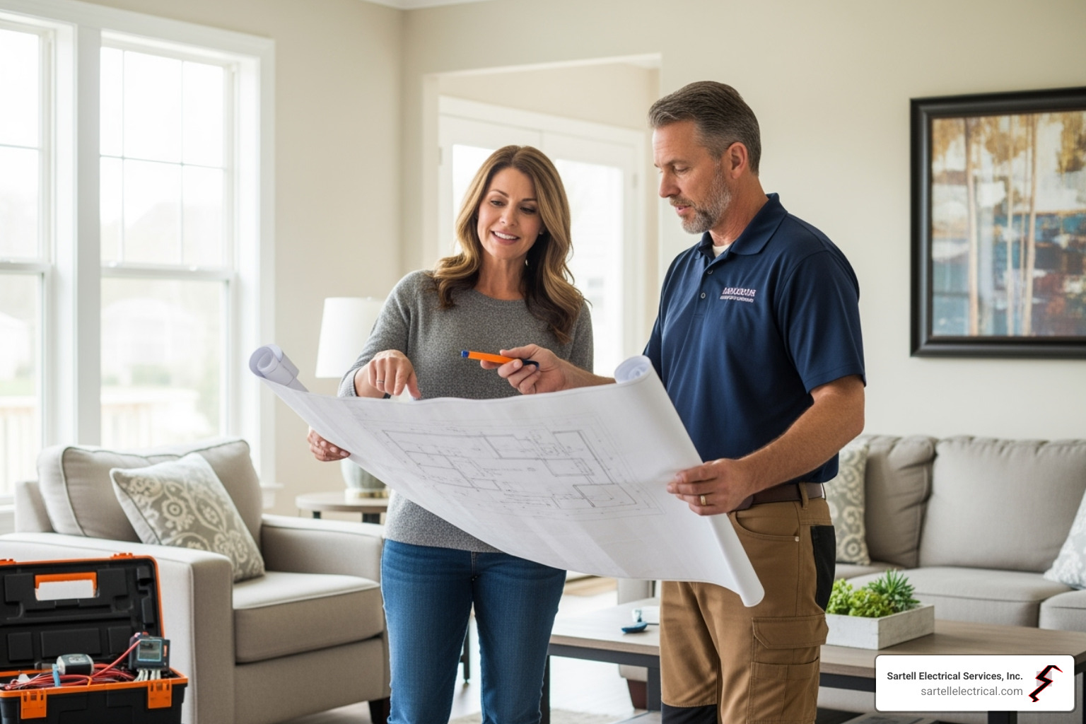 of a homeowner and an electrician discussing a project plan - Licensed home electrician