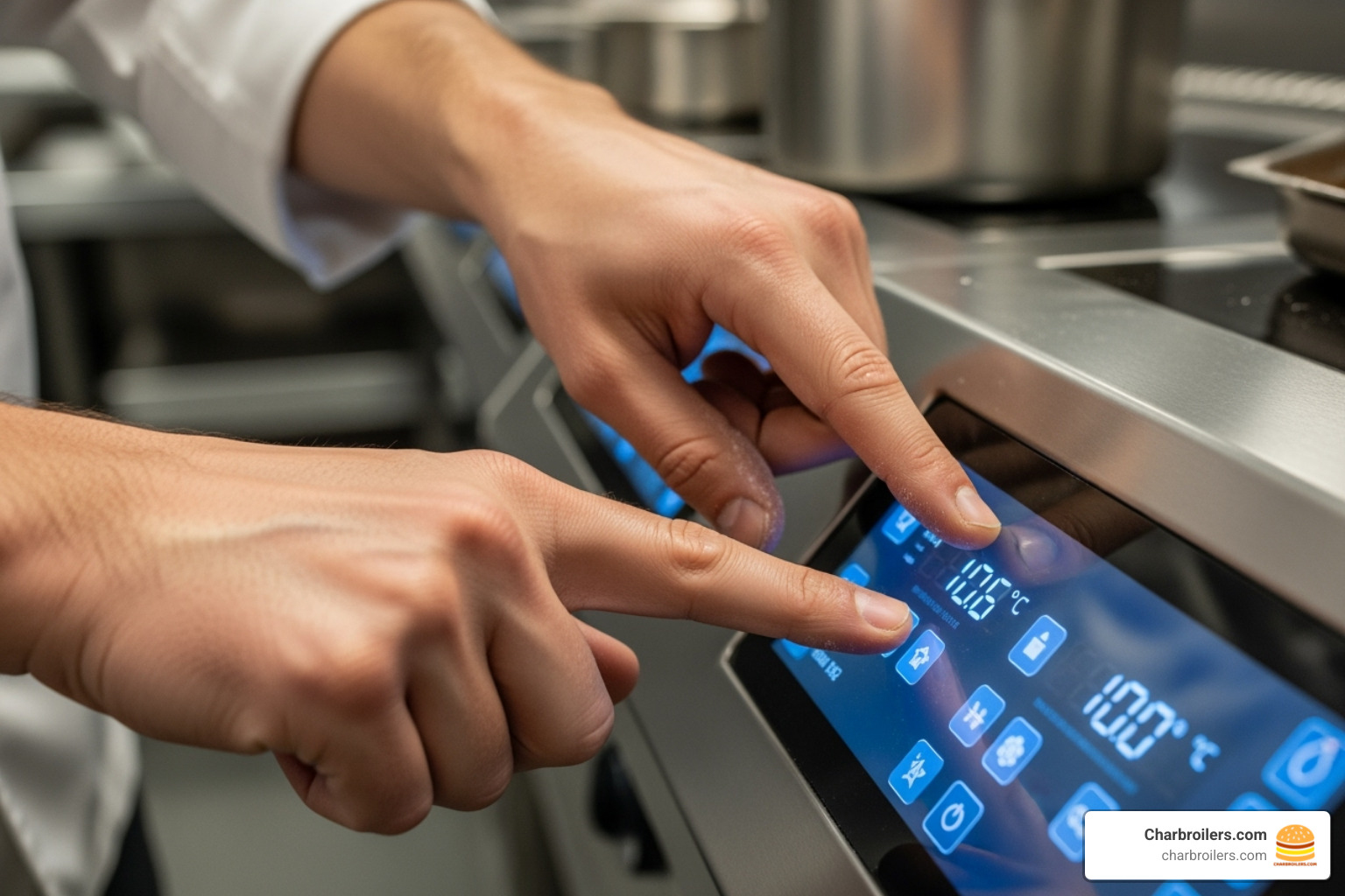 chef adjusting digital temperature controls on electric range - commercial electric range with convection oven