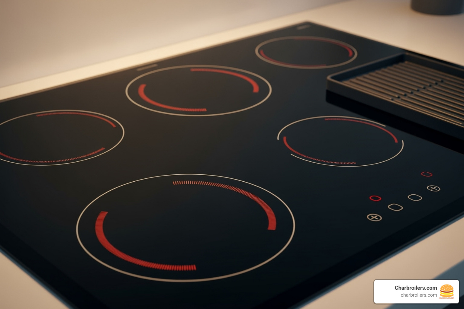 close-up shot of smooth electric cooktop with multiple burners and a griddle section - commercial electric range with convection oven