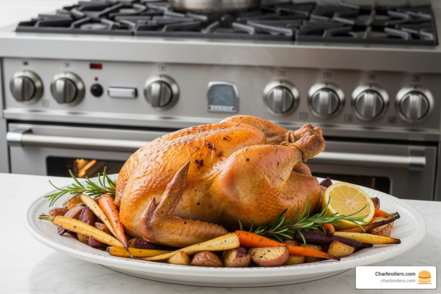beautifully plated roast chicken, fresh out of the oven, with the range in the background - commercial electric range with convection oven