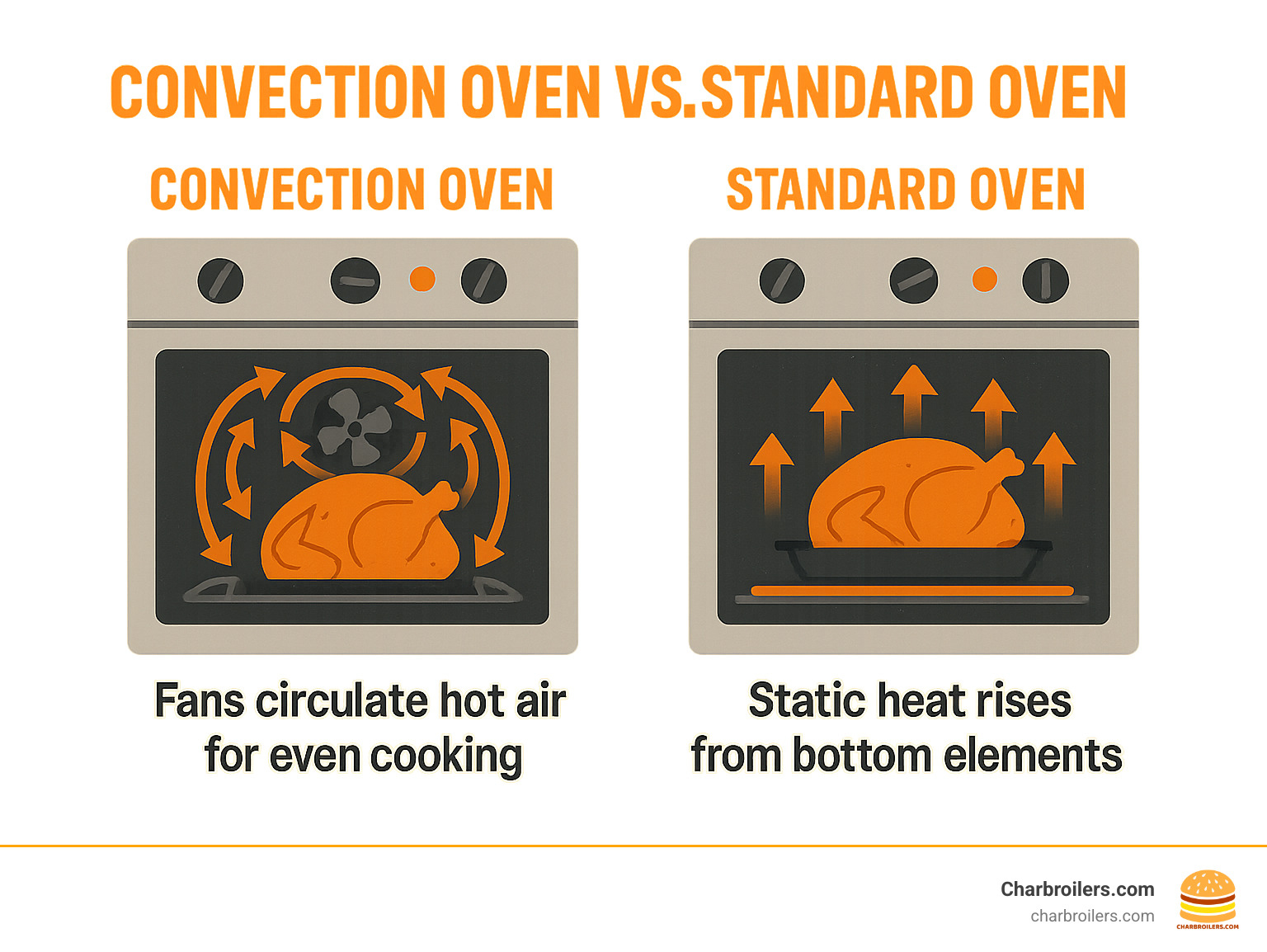 Infographic showing how convection oven fans circulate hot air in a circular pattern around food for even cooking, compared to a standard oven with static heat rising from bottom elements - commercial electric range with convection oven infographic 