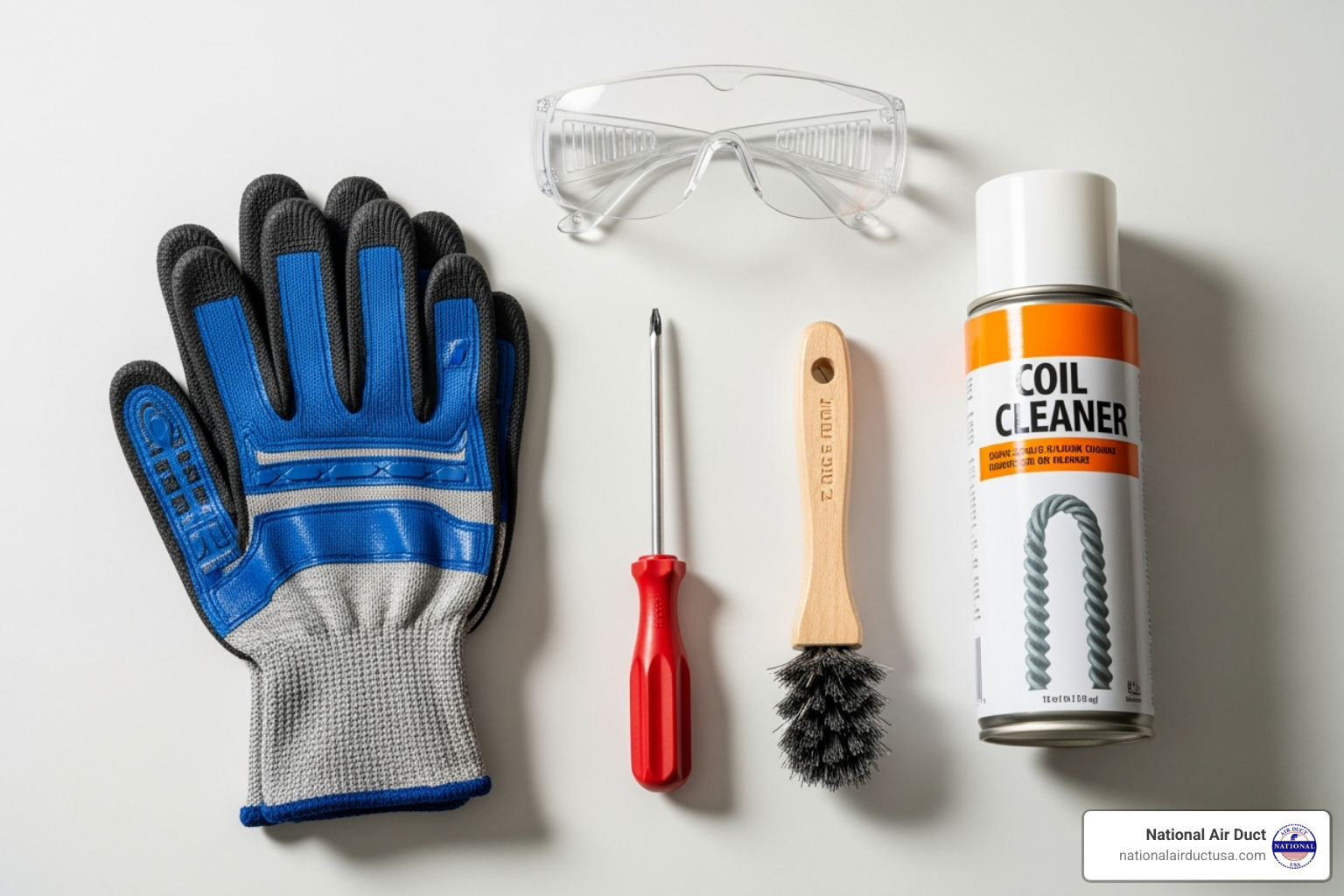 tools needed for the job: gloves, safety glasses, screwdriver, soft brush, coil cleaner - coil cleaner for window ac