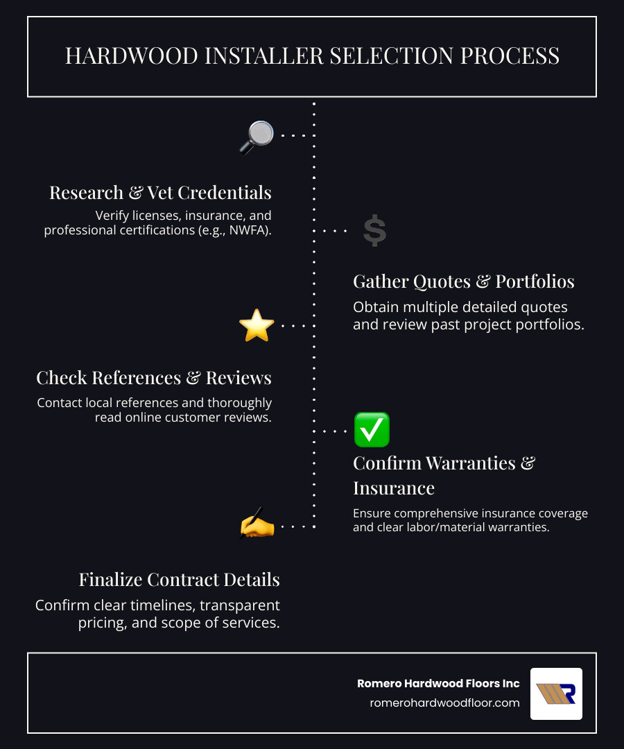 Infographic showing the complete hardwood installer selection process: from initial research and credential verification, to getting multiple quotes, checking references, reviewing portfolios, confirming insurance and licensing, understanding warranty terms, and finalizing contracts with clear timelines and pricing - hardwood installers near me infographic infographic-line-5-steps-dark Infographic showing the complete hardwood installer selection process: from initial research and credential verification, to getting multiple quotes, checking references, reviewing portfolios, confirming insurance and licensing, understanding warranty terms, and finalizing contracts with clear timelines and pricing - hardwood installers near me infographic infographic-line-5-steps-dark