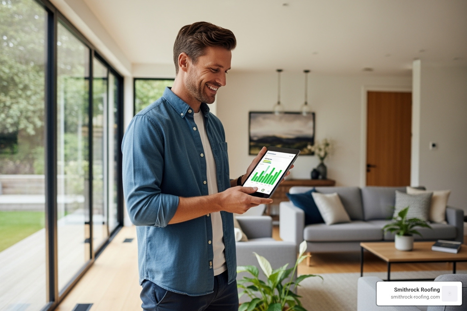 Homeowner smiling at their lower energy bill - window replacement cost winston salem nc Homeowner smiling at their lower energy bill - window replacement cost winston salem nc