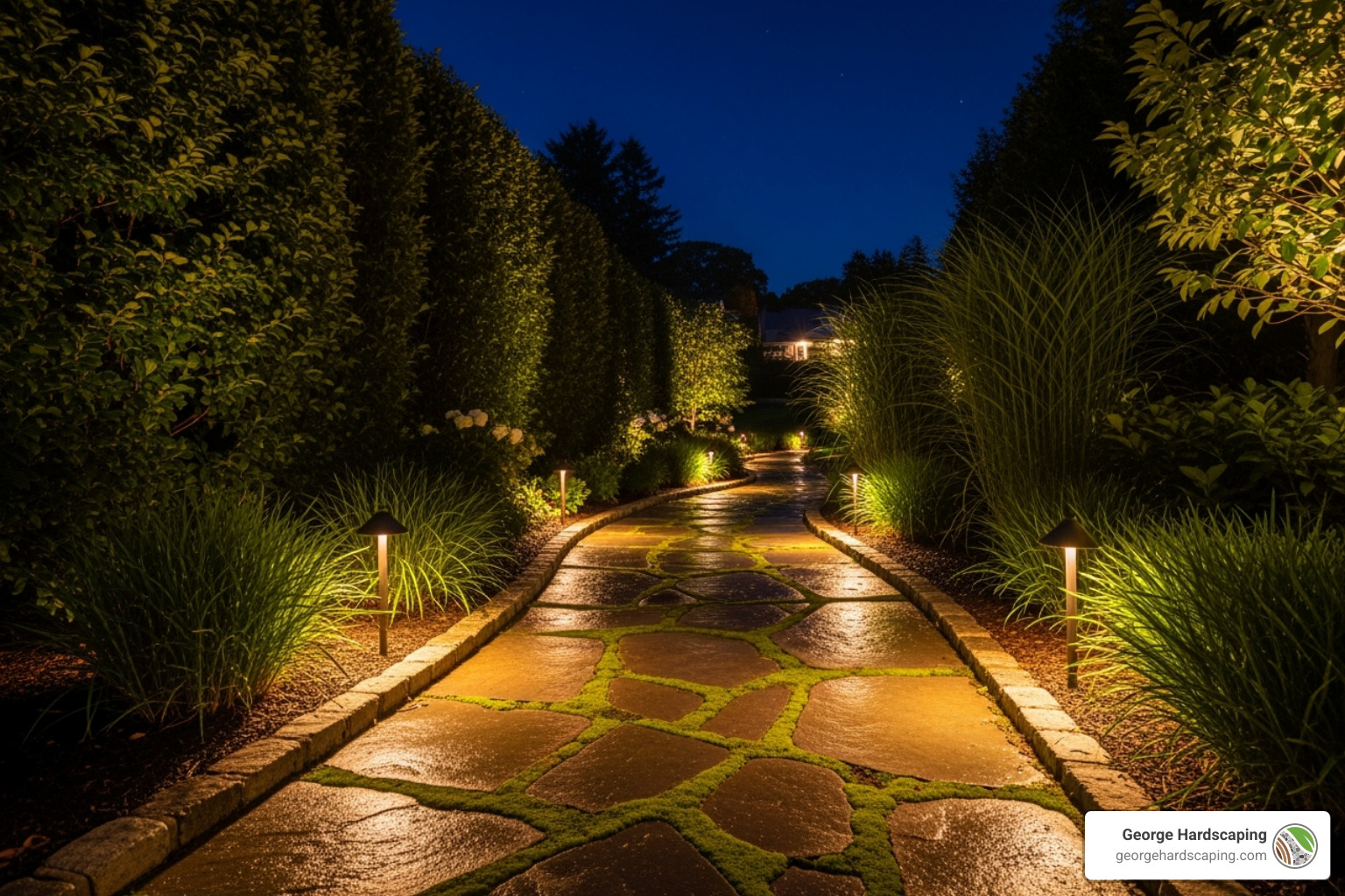 source=BannerBear | license=CC0 | description=Evening photo of a gently lit natural-stone path bordered by ornamental grasses and landscape lighting Low-voltage lighting illuminating a curved stone walkway at dusk