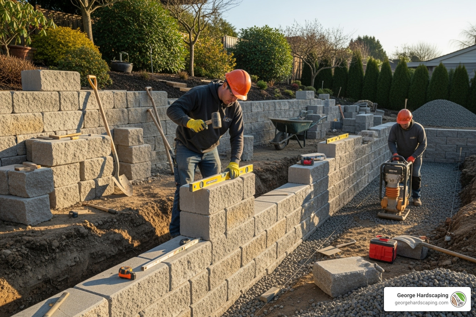 A detailed hardscape construction project in progress, showing a retaining wall being built with precision and care. - landscape design and build A detailed hardscape construction project in progress, showing a retaining wall being built with precision and care. - landscape design and build